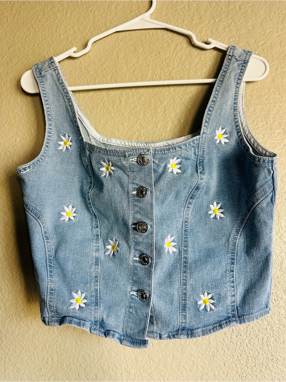 Love Tree Denim Light Blue Denim Daisy Button Crop Top